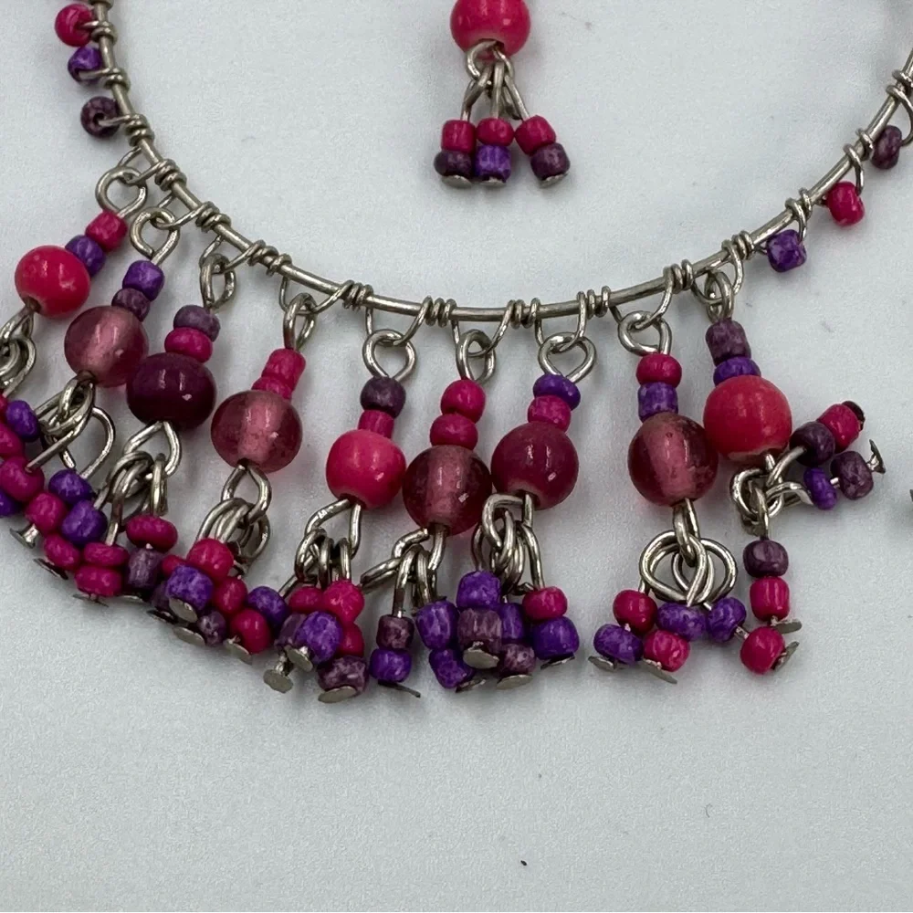 Large Fuchsia and Purple Beaded Dangle Earrings Silver Tone French Ear Hooks Fun